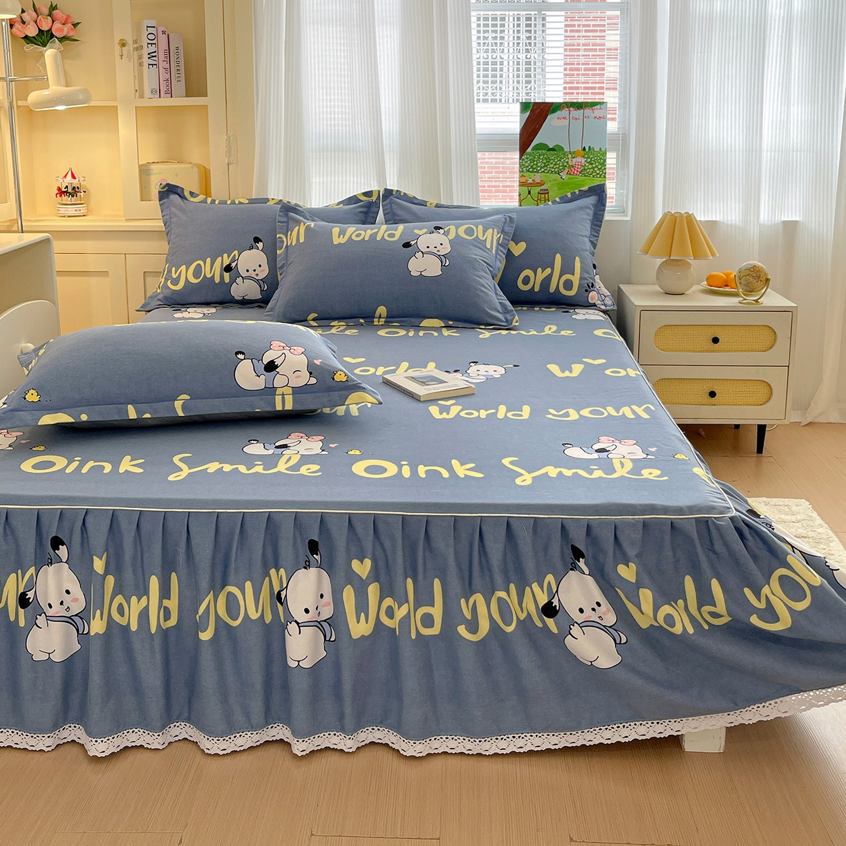 91家纺网 家纺一手货源 找家纺 纽缦家纺 2025新款全棉纯棉磨毛印花单品床裙 床裙单件 萌宠宝贝蓝