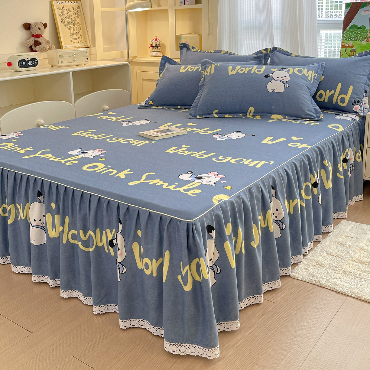 91家纺网 家纺一手货源 找家纺 纽缦家纺 2025新款全棉纯棉磨毛印花单品床裙 床裙单件 萌宠宝贝蓝