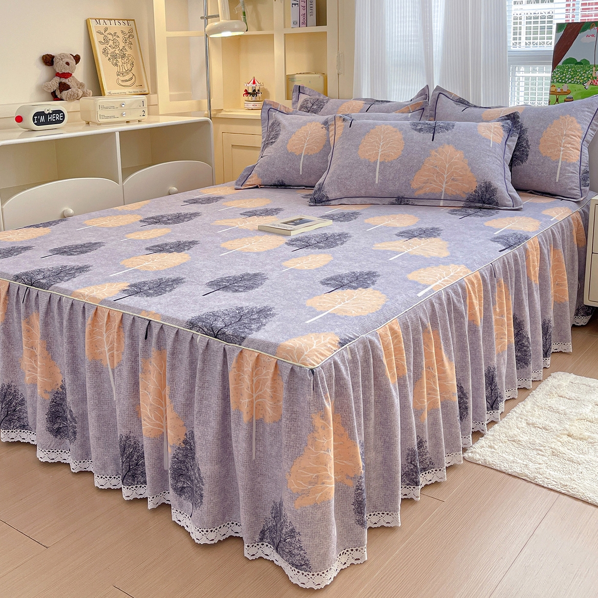 91家纺网 家纺一手货源 找家纺 纽缦家纺 2025新款全棉纯棉磨毛印花单品床裙 床裙单件 秘境森林蓝