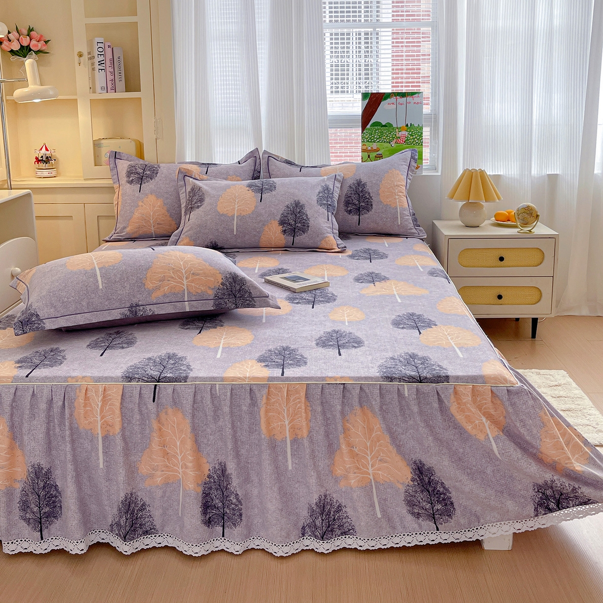 91家纺网 家纺一手货源 找家纺 纽缦家纺 2025新款全棉纯棉磨毛印花单品床裙 床裙单件 秘境森林蓝