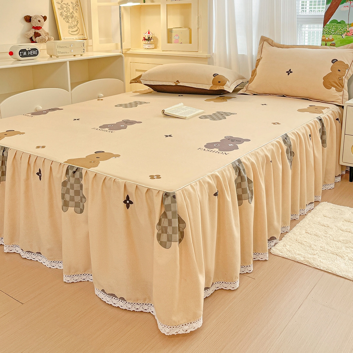 91家纺网 家纺一手货源 找家纺 纽缦家纺 2025新款全棉纯棉磨毛印花单品床裙 床裙单件 欧尼熊灰