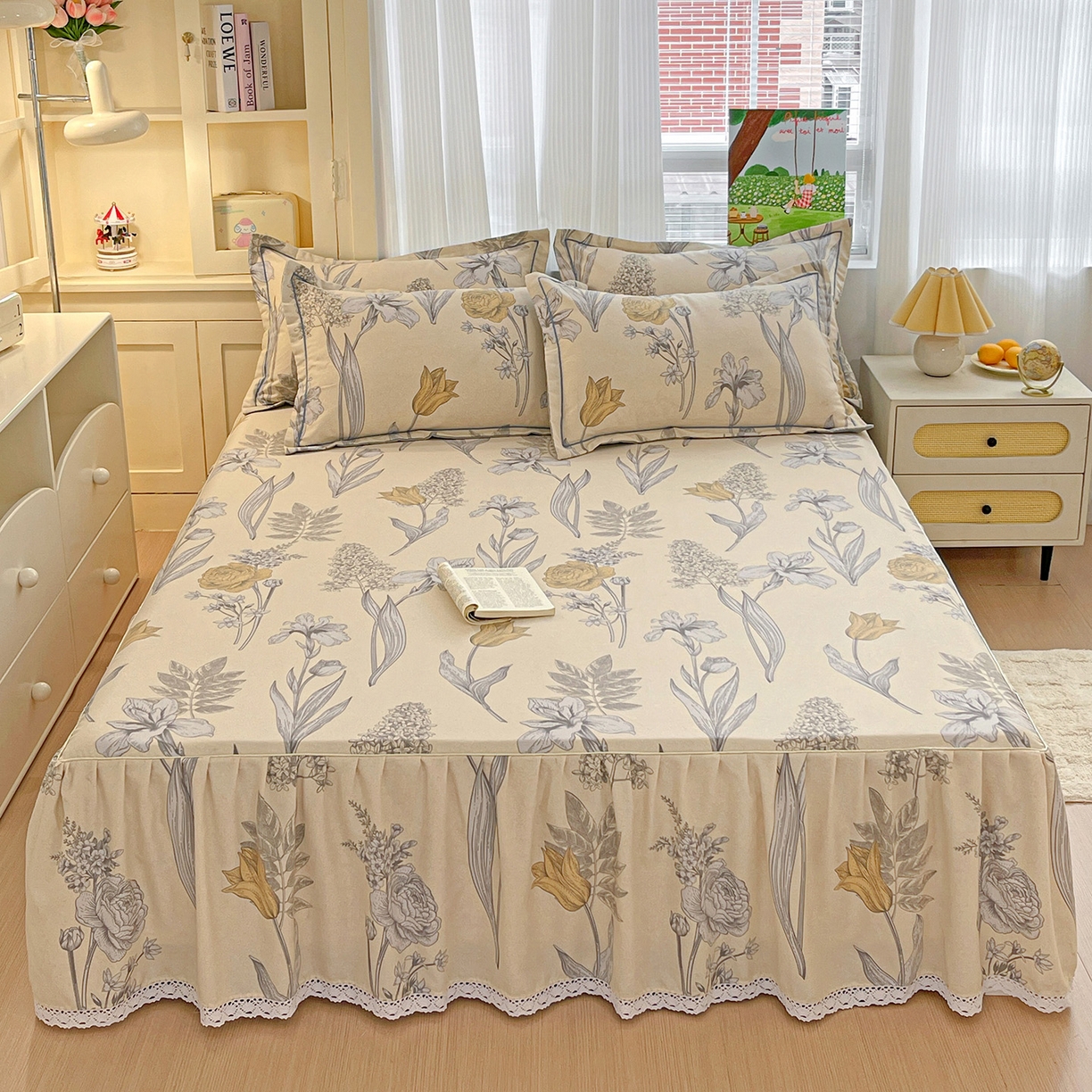 纽缦家纺 2025新款全棉纯棉磨毛印花单品床裙 床裙单件 且听风铃灰