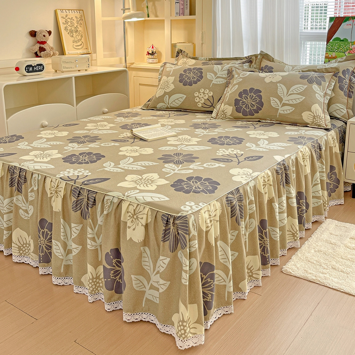 91家纺网 家纺一手货源 找家纺 纽缦家纺 2025新款全棉纯棉磨毛印花单品床裙 床裙单件 清风微甜灰