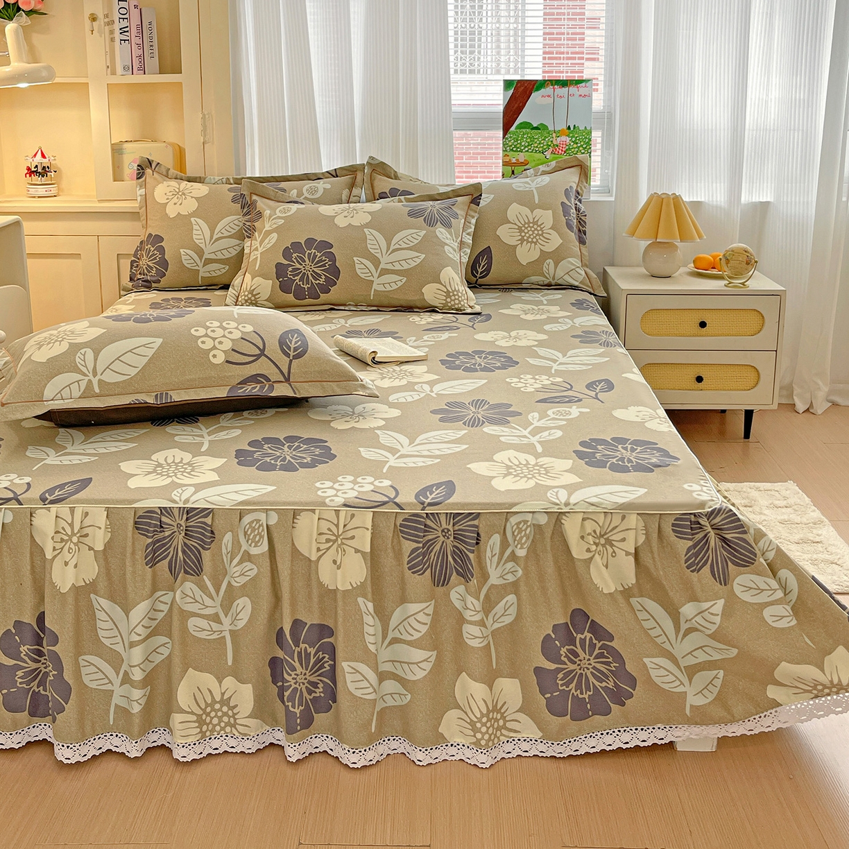 91家纺网 家纺一手货源 找家纺 纽缦家纺 2025新款全棉纯棉磨毛印花单品床裙 床裙单件 清风微甜灰