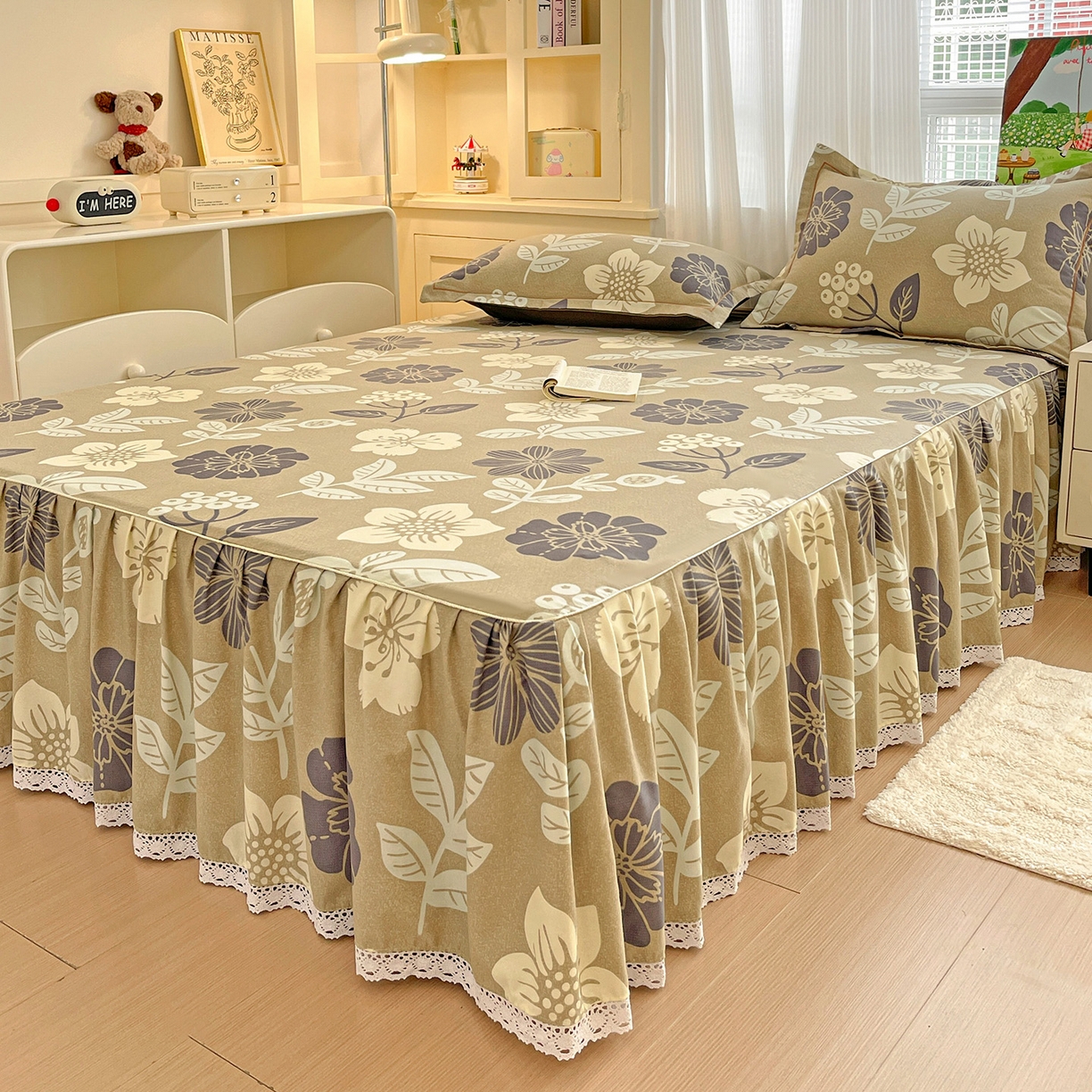 91家纺网 家纺一手货源 找家纺 纽缦家纺 2025新款全棉纯棉磨毛印花单品床裙 床裙单件 清风微甜灰