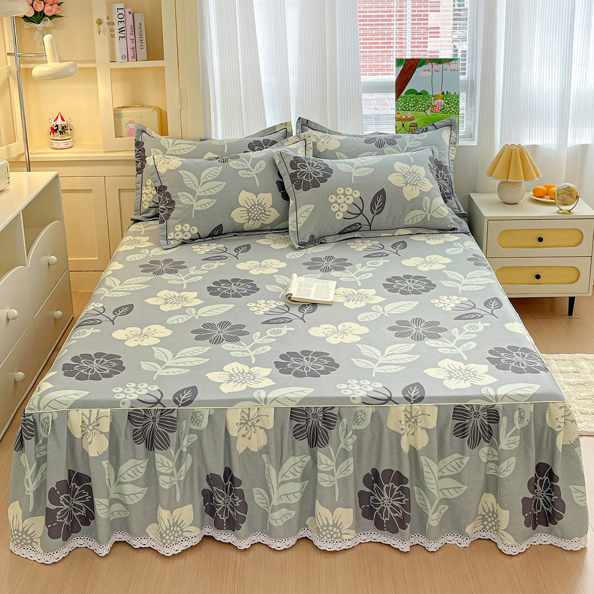 纽缦家纺 2025新款全棉纯棉磨毛印花单品床裙 床裙单件 清风微甜蓝