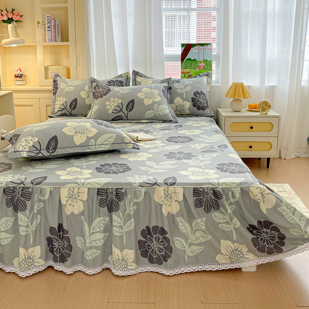 91家纺网 家纺一手货源 找家纺 纽缦家纺 2025新款全棉纯棉磨毛印花单品床裙 床裙单件 清风微甜蓝