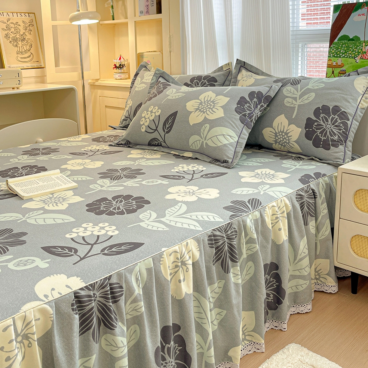 91家纺网 家纺一手货源 找家纺 纽缦家纺 2025新款全棉纯棉磨毛印花单品床裙 床裙单件 清风微甜蓝