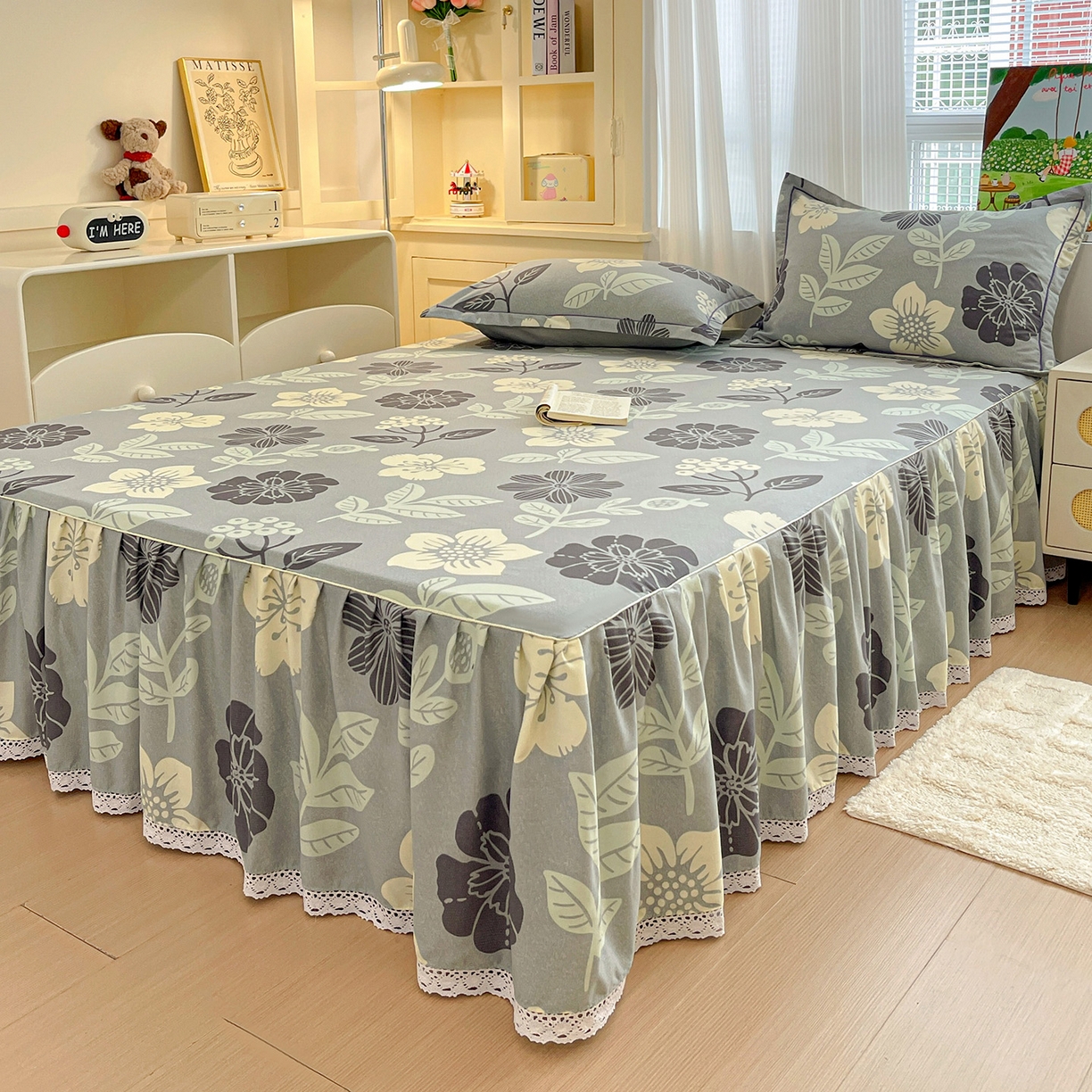 91家纺网 家纺一手货源 找家纺 纽缦家纺 2025新款全棉纯棉磨毛印花单品床裙 床裙单件 清风微甜蓝