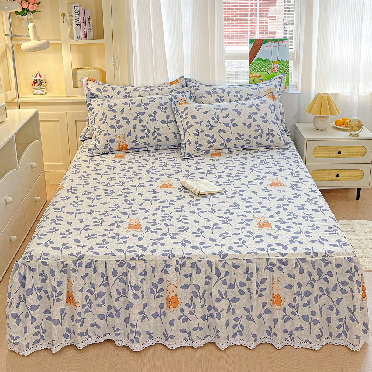 纽缦家纺 2025新款全棉纯棉磨毛印花单品床裙 床裙单件 童画小兔