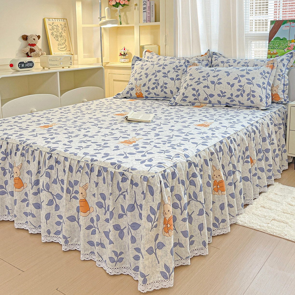 91家纺网 家纺一手货源 找家纺 纽缦家纺 2025新款全棉纯棉磨毛印花单品床裙 床裙单件 童画小兔