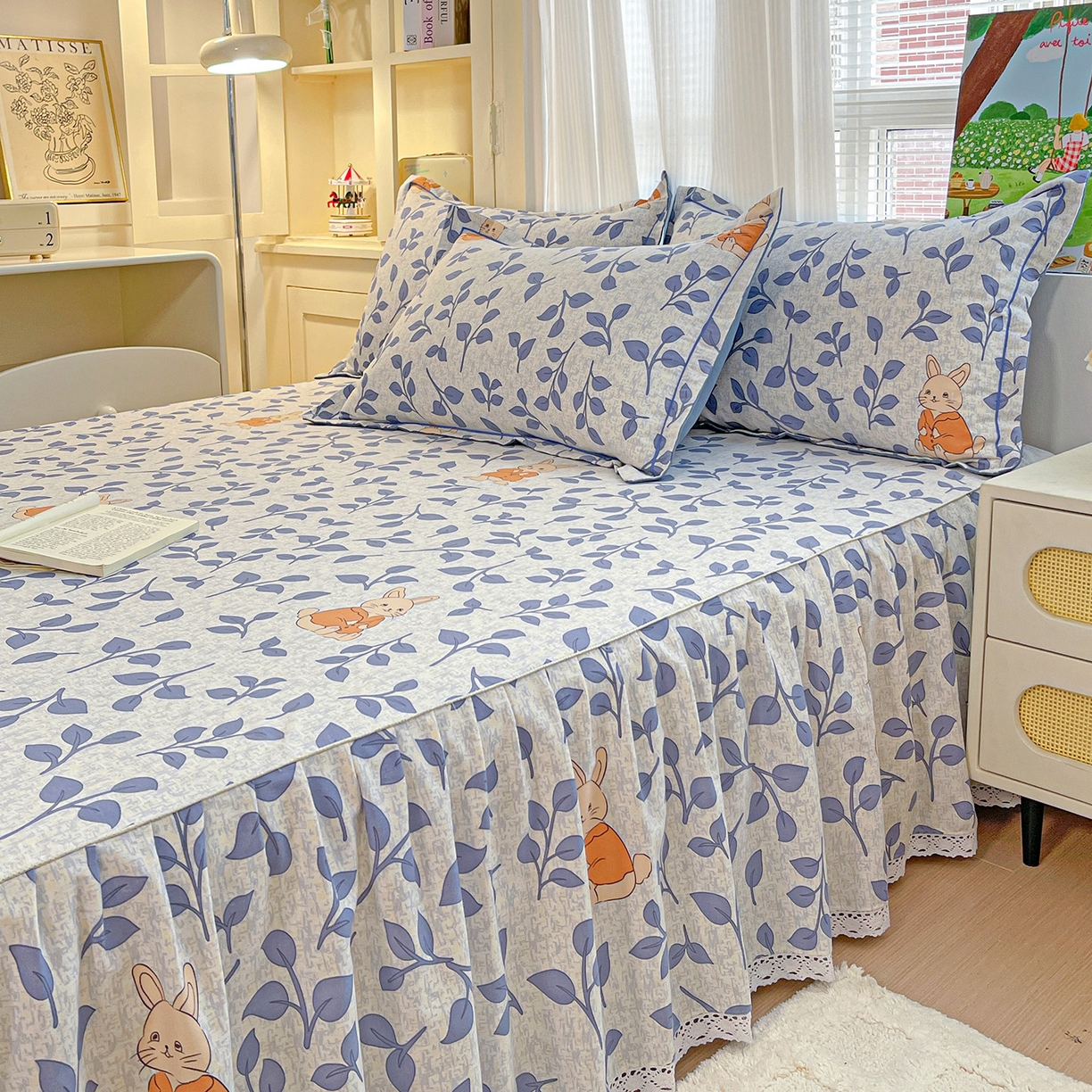 91家纺网 家纺一手货源 找家纺 纽缦家纺 2025新款全棉纯棉磨毛印花单品床裙 床裙单件 童画小兔