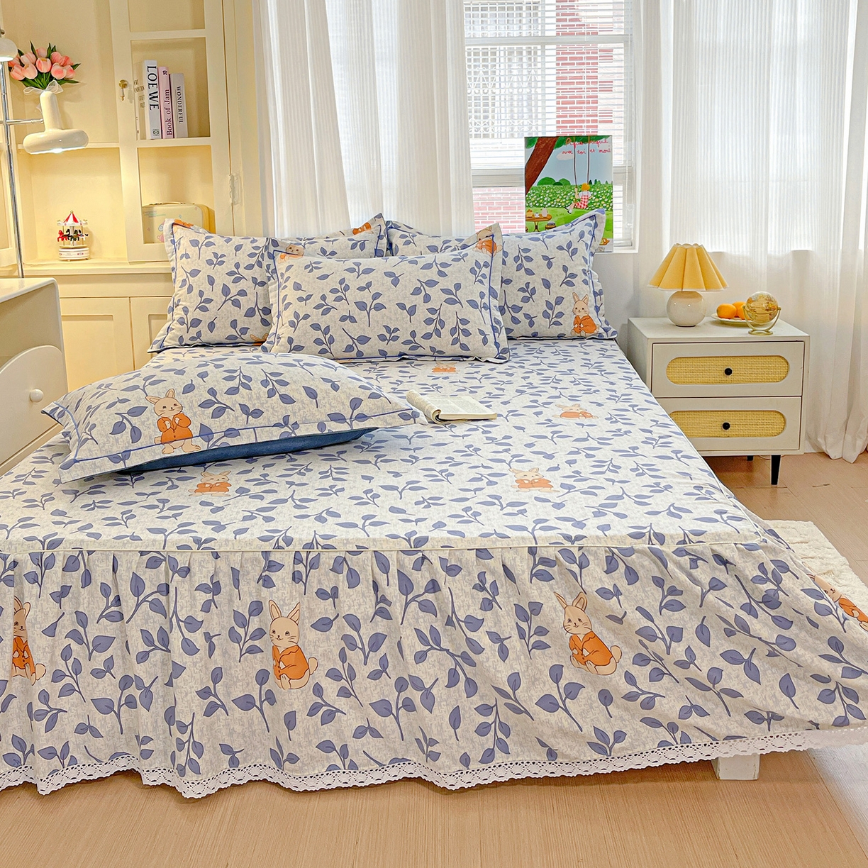 91家纺网 家纺一手货源 找家纺 纽缦家纺 2025新款全棉纯棉磨毛印花单品床裙 床裙单件 童画小兔