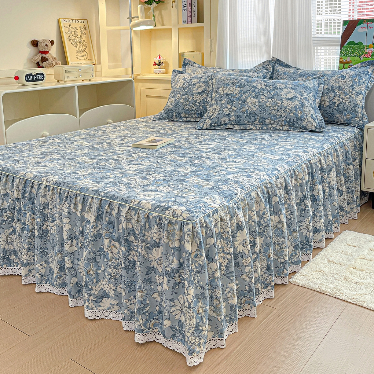 91家纺网 家纺一手货源 找家纺 纽缦家纺 2025新款全棉纯棉磨毛印花单品床裙 床裙单件 雅汐蓝