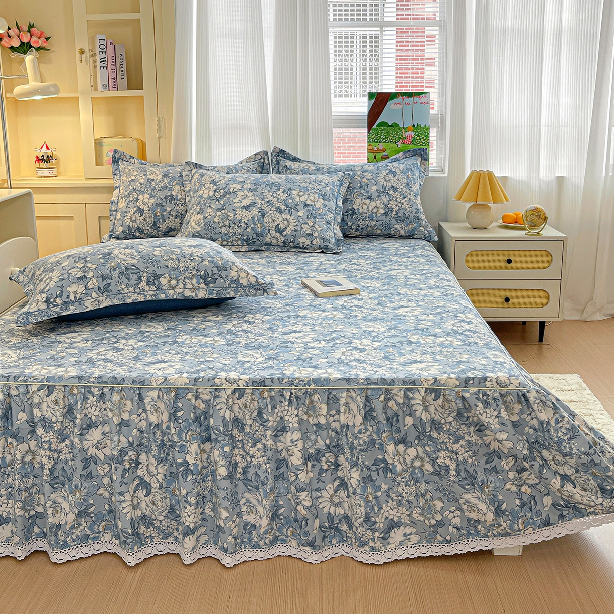 91家纺网 家纺一手货源 找家纺 纽缦家纺 2025新款全棉纯棉磨毛印花单品床裙 床裙单件 雅汐蓝