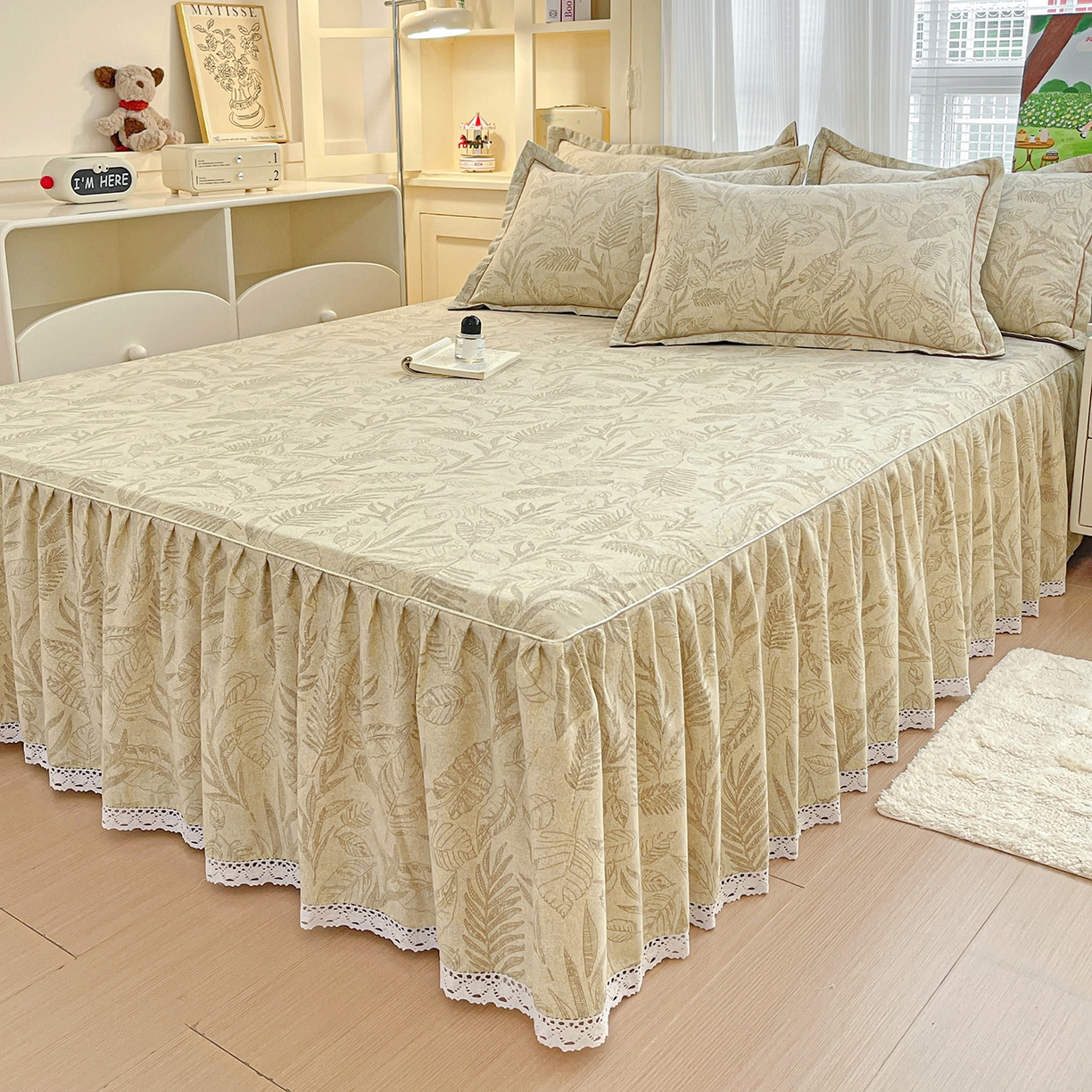 91家纺网 家纺一手货源 找家纺 纽缦家纺 2025新款全棉纯棉磨毛印花单品床裙 床裙单件 叶之舞咖