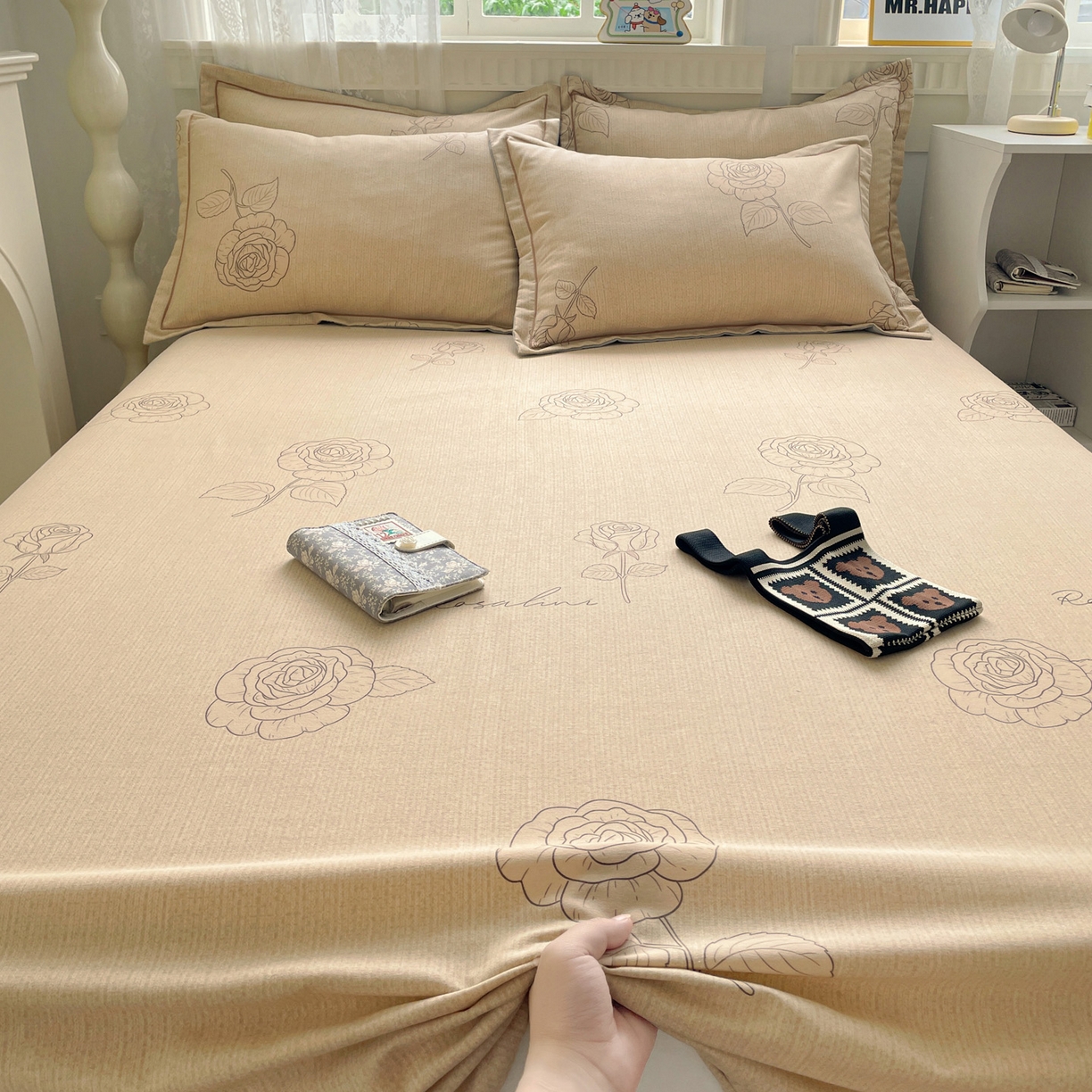 纽缦家纺 2025新款全棉纯棉磨毛印花单床单 床单单件 法风玫瑰咖