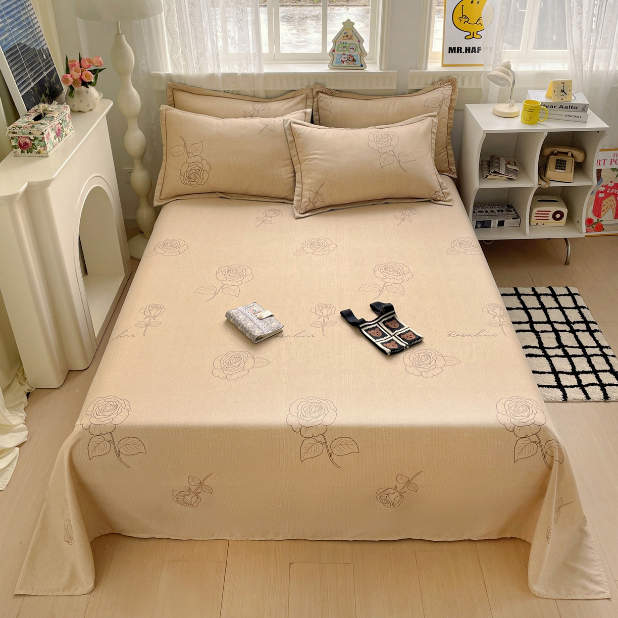 91家纺网 家纺一手货源 找家纺 纽缦家纺 2025新款全棉纯棉磨毛印花单床单 床单单件 法风玫瑰咖