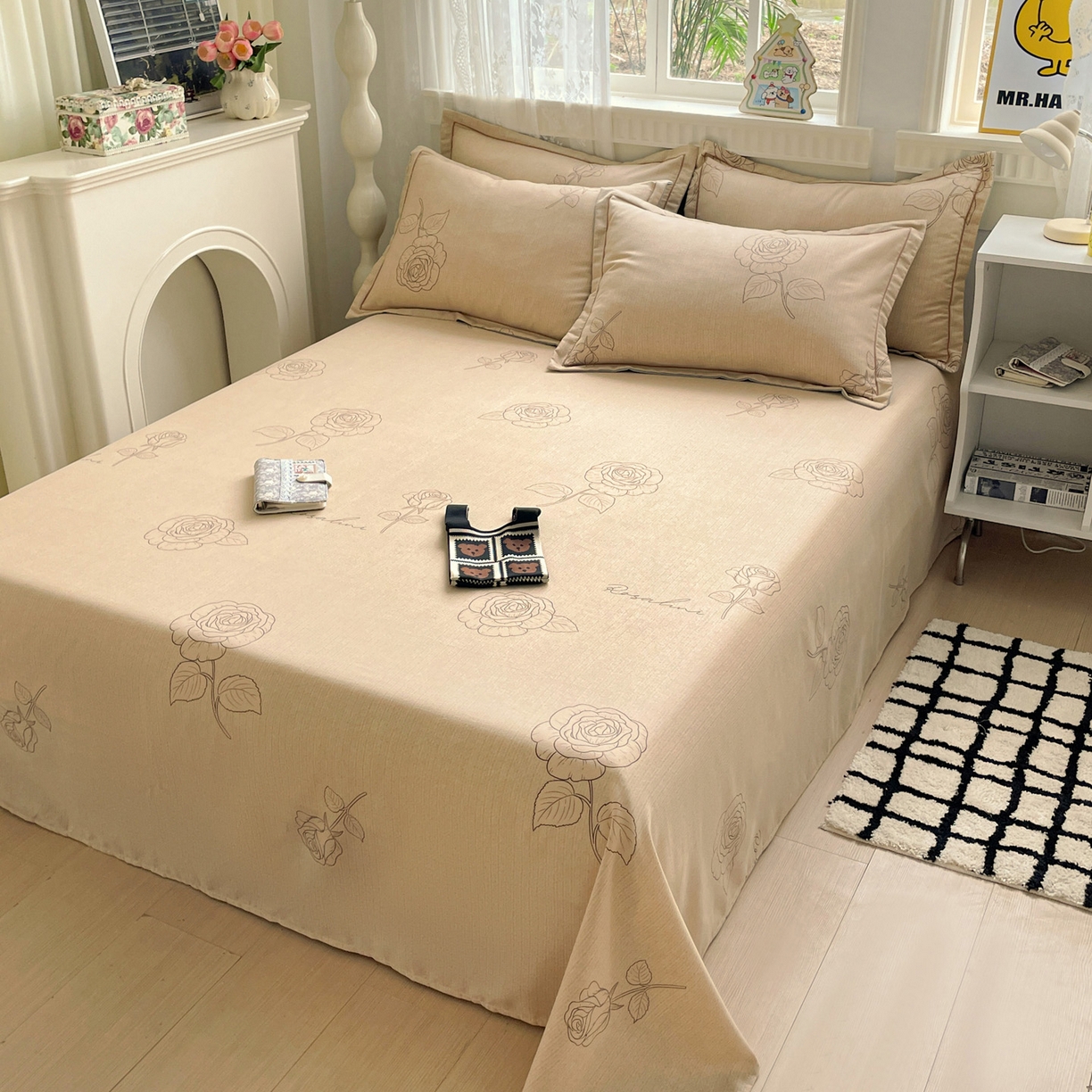 91家纺网 家纺一手货源 找家纺 纽缦家纺 2025新款全棉纯棉磨毛印花单床单 床单单件 法风玫瑰咖