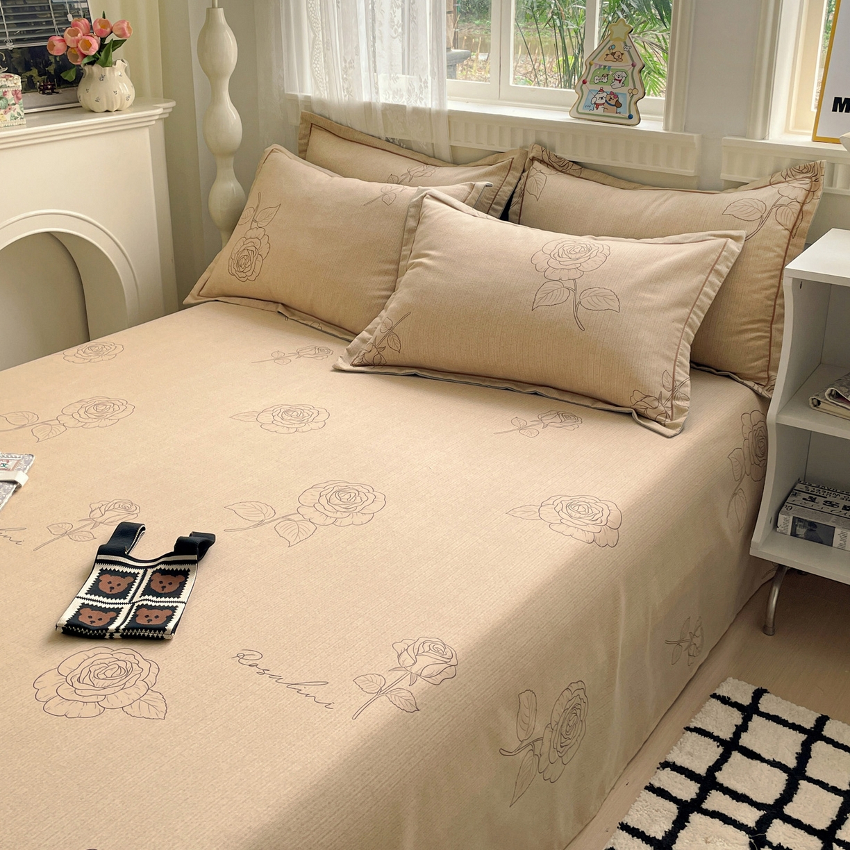 91家纺网 家纺一手货源 找家纺 纽缦家纺 2025新款全棉纯棉磨毛印花单床单 床单单件 法风玫瑰咖