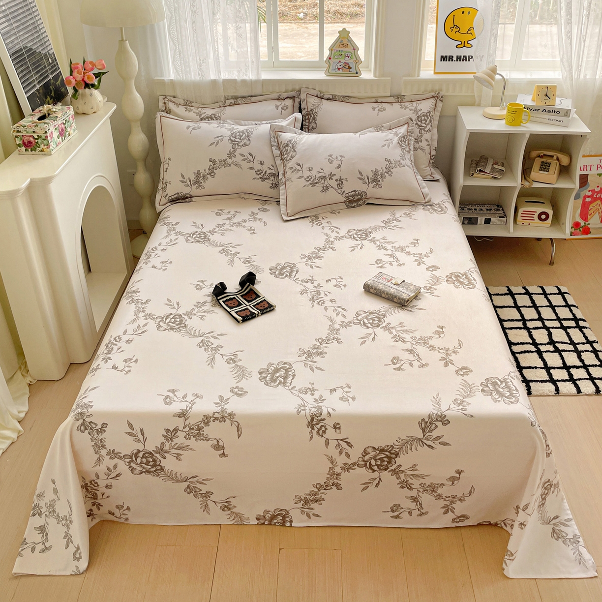 91家纺网 家纺一手货源 找家纺 纽缦家纺 2025新款全棉纯棉磨毛印花单床单 床单单件 复古花意灰