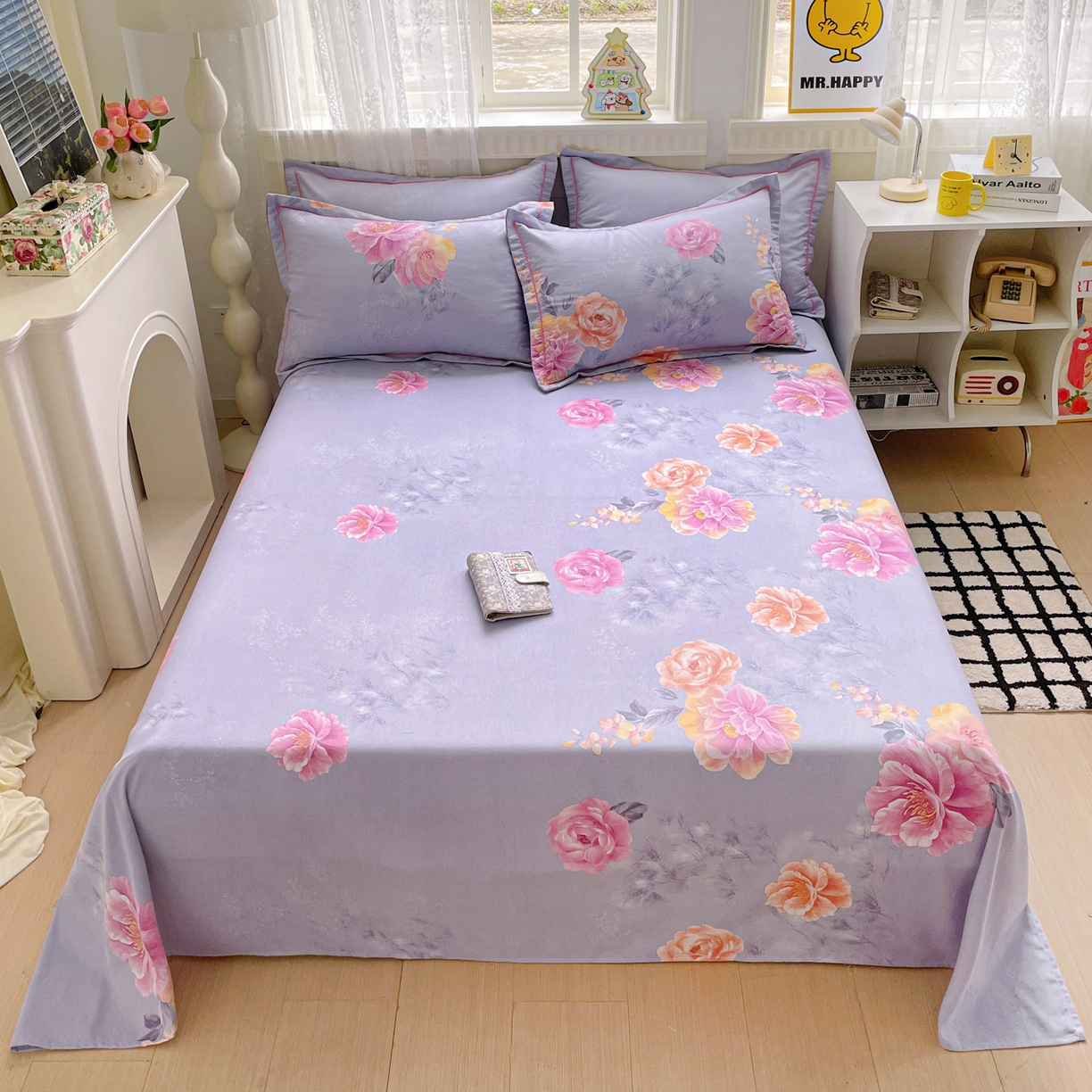 91家纺网 家纺一手货源 找家纺 纽缦家纺 2025新款全棉纯棉磨毛印花单床单 床单单件 吉娜风情蓝