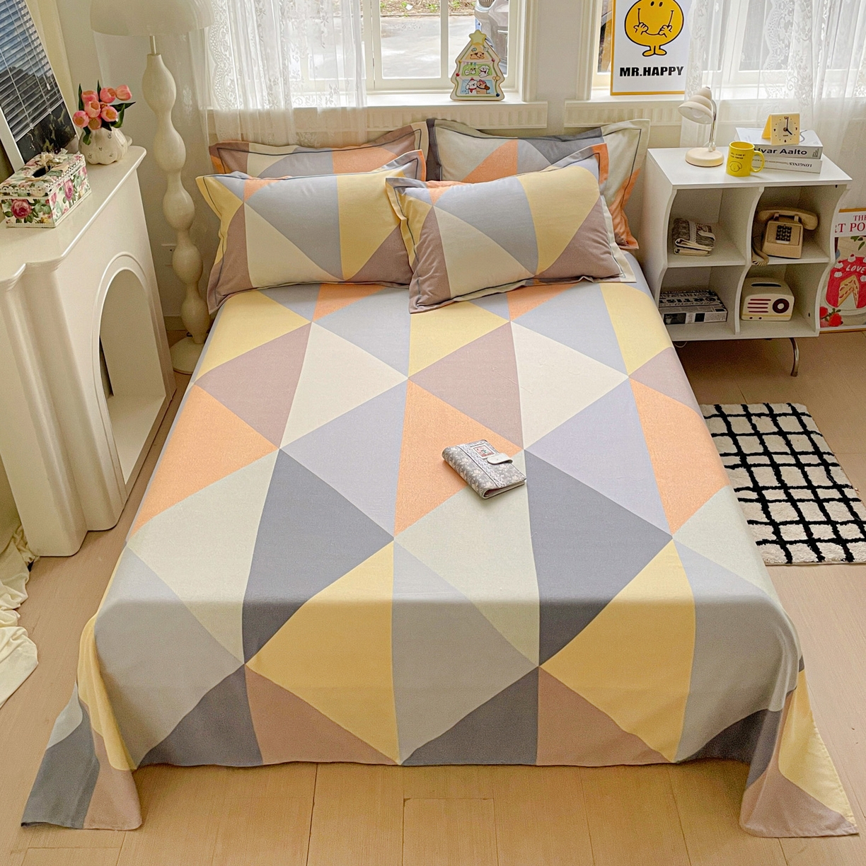 91家纺网 家纺一手货源 找家纺 纽缦家纺 2025新款全棉纯棉磨毛印花单床单 床单单件 几何神话桔