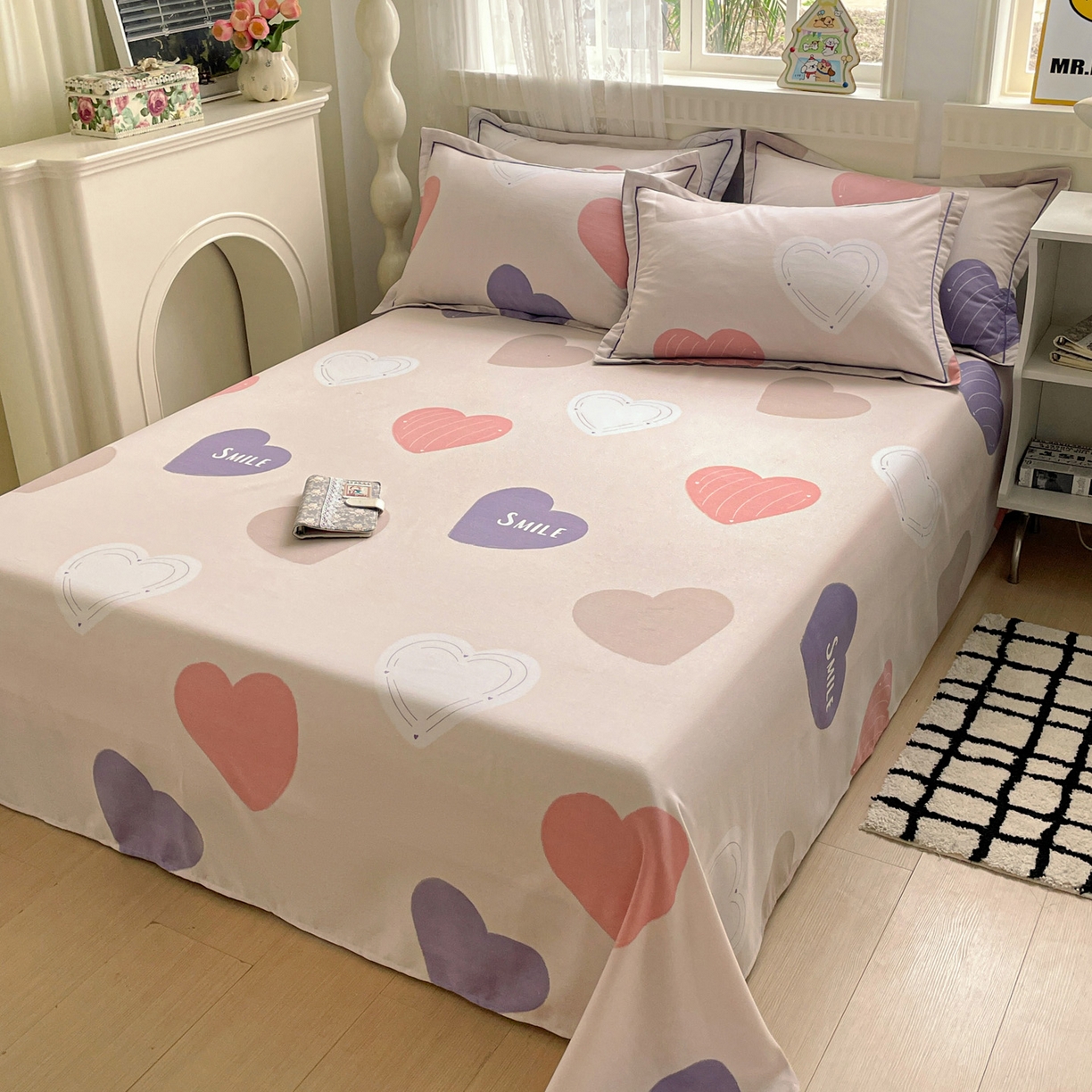 91家纺网 家纺一手货源 找家纺 纽缦家纺 2025新款全棉纯棉磨毛印花单床单 床单单件 浪漫心事粉