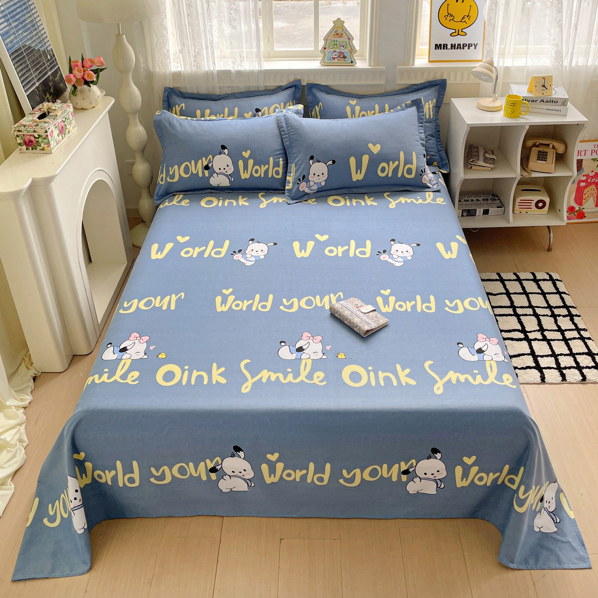 91家纺网 家纺一手货源 找家纺 纽缦家纺 2025新款全棉纯棉磨毛印花单床单 床单单件 萌宠宝贝蓝