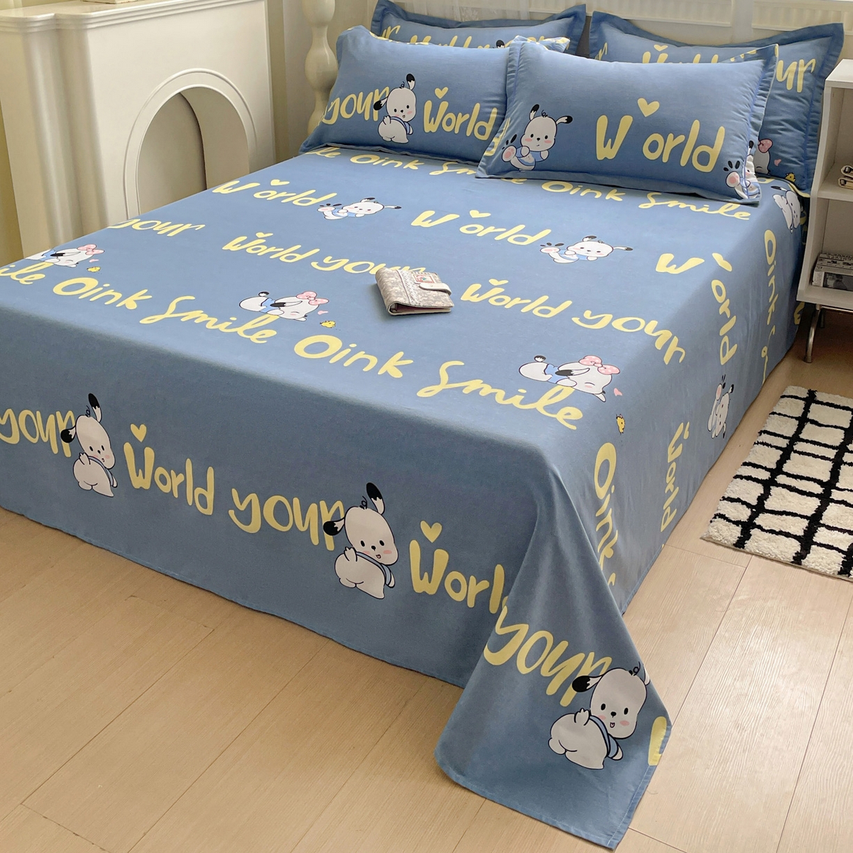 91家纺网 家纺一手货源 找家纺 纽缦家纺 2025新款全棉纯棉磨毛印花单床单 床单单件 萌宠宝贝蓝