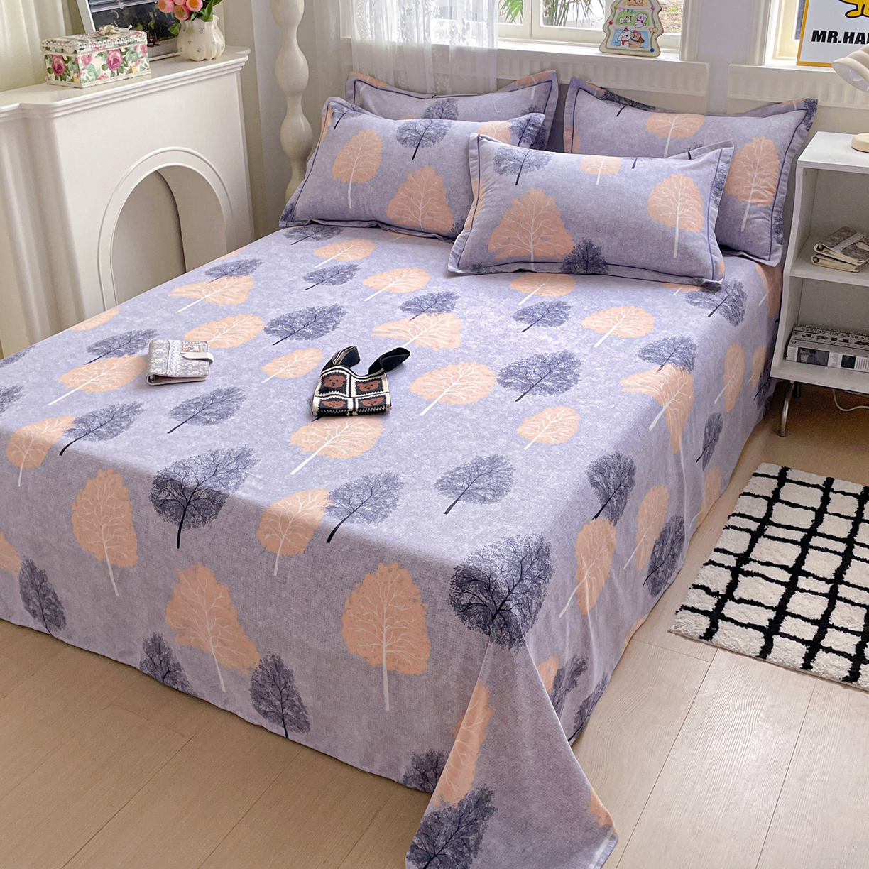 91家纺网 家纺一手货源 找家纺 纽缦家纺 2025新款全棉纯棉磨毛印花单床单 床单单件 秘境森林蓝