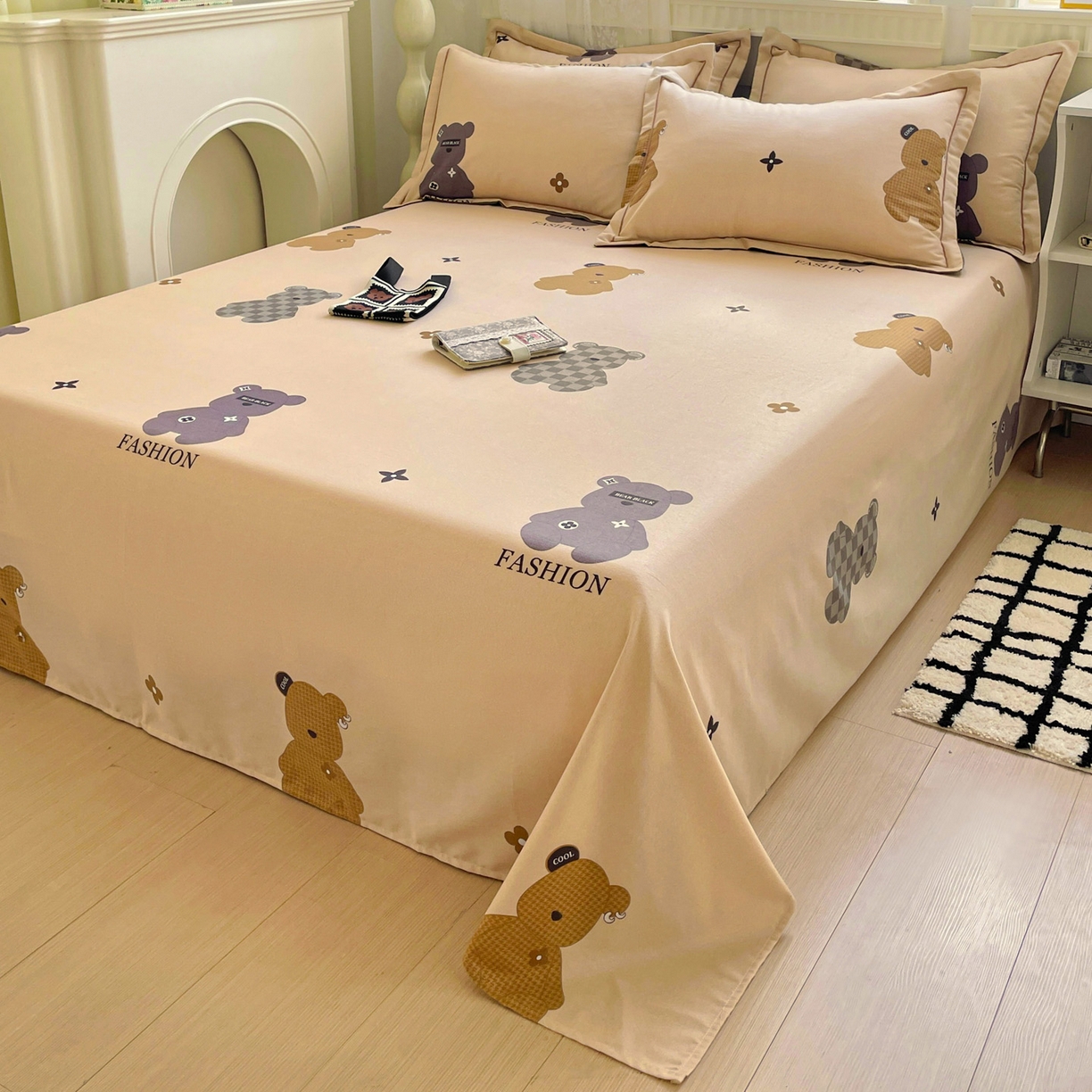 91家纺网 家纺一手货源 找家纺 纽缦家纺 2025新款全棉纯棉磨毛印花单床单 床单单件 欧尼熊灰