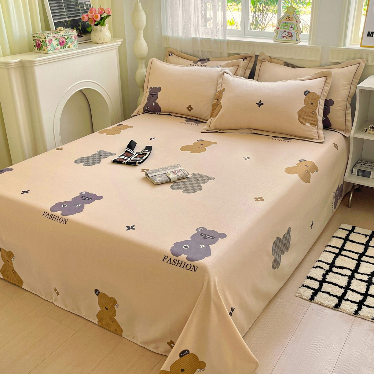 91家纺网 家纺一手货源 找家纺 纽缦家纺 2025新款全棉纯棉磨毛印花单床单 床单单件 欧尼熊灰