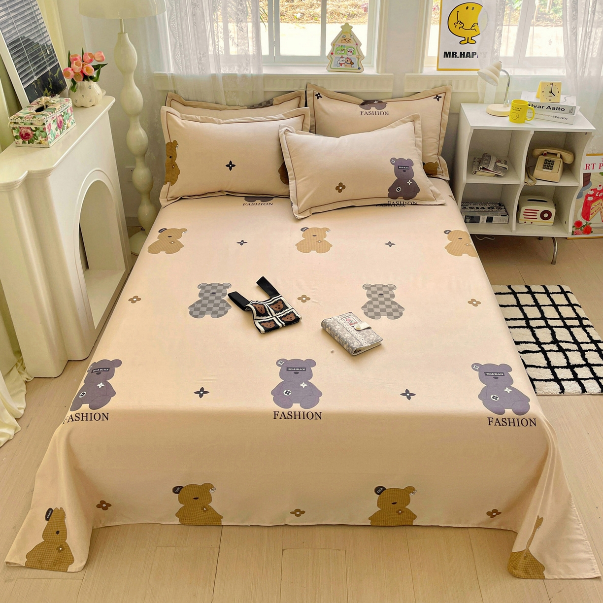 91家纺网 家纺一手货源 找家纺 纽缦家纺 2025新款全棉纯棉磨毛印花单床单 床单单件 欧尼熊灰