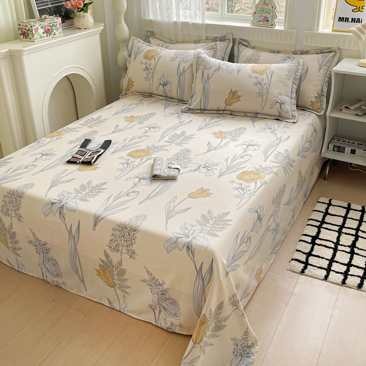 91家纺网 家纺一手货源 找家纺 纽缦家纺 2025新款全棉纯棉磨毛印花单床单 床单单件 且听风铃灰