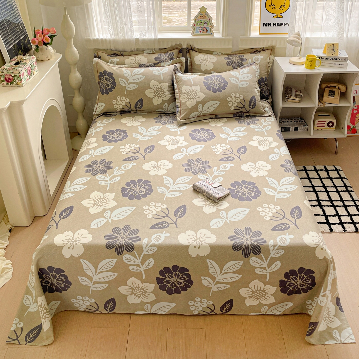 91家纺网 家纺一手货源 找家纺 纽缦家纺 2025新款全棉纯棉磨毛印花单床单 床单单件 清风微甜灰