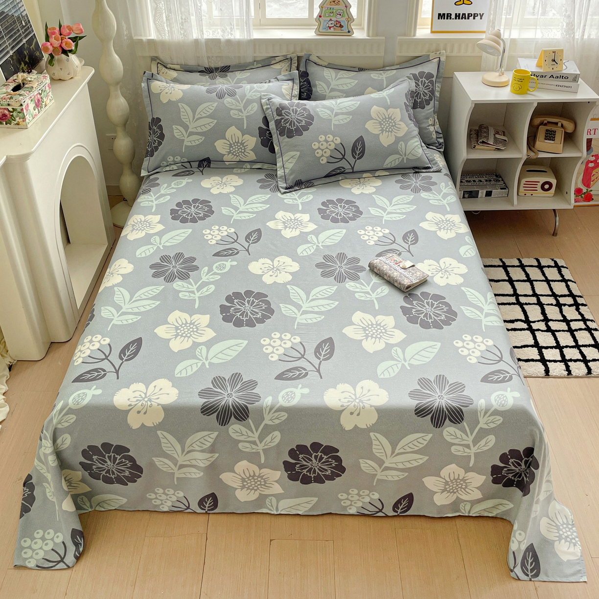 91家纺网 家纺一手货源 找家纺 纽缦家纺 2025新款全棉纯棉磨毛印花单床单 床单单件 清风微甜蓝