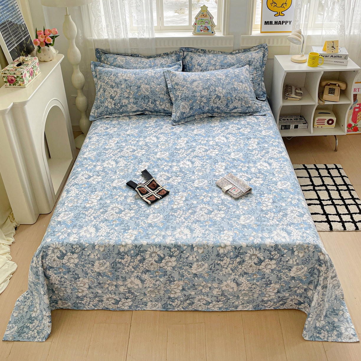 91家纺网 家纺一手货源 找家纺 纽缦家纺 2025新款全棉纯棉磨毛印花单床单 床单单件 雅汐蓝