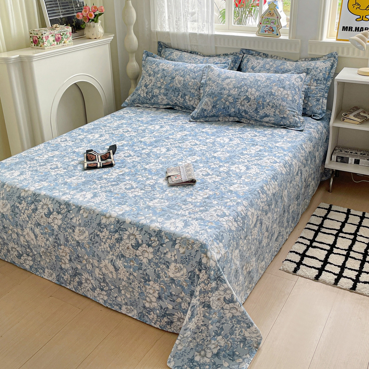 91家纺网 家纺一手货源 找家纺 纽缦家纺 2025新款全棉纯棉磨毛印花单床单 床单单件 雅汐蓝