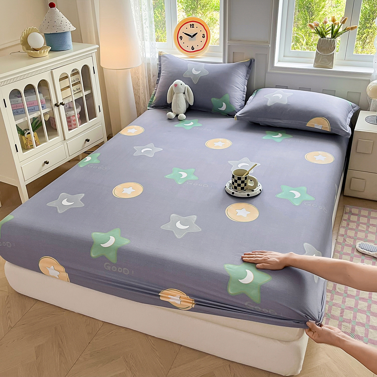 禧安居 2025新款高支高密活性印染全棉印花床笠全棉床笠单床笠 悦动星城