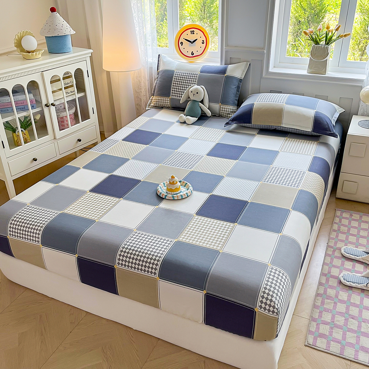 91家纺网 家纺一手货源 找家纺 禧安居 2025新款高支高密活性印染全棉印花床笠全棉床笠单床笠 蓝色垦丁