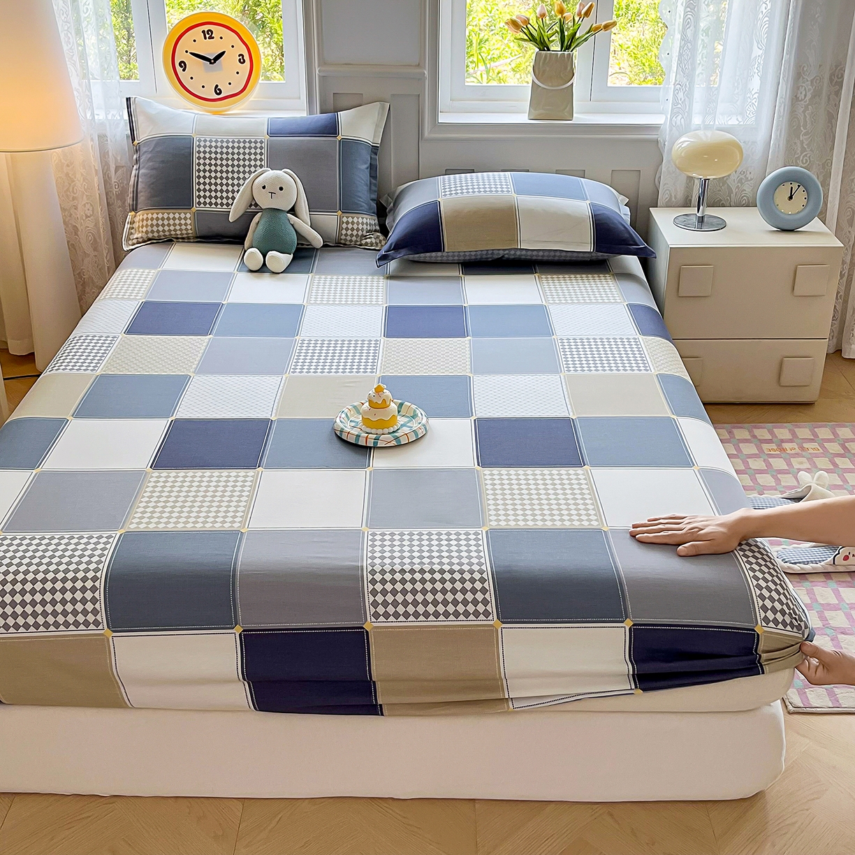 91家纺网 家纺一手货源 找家纺 禧安居 2025新款高支高密活性印染全棉印花床笠全棉床笠单床笠 蓝色垦丁