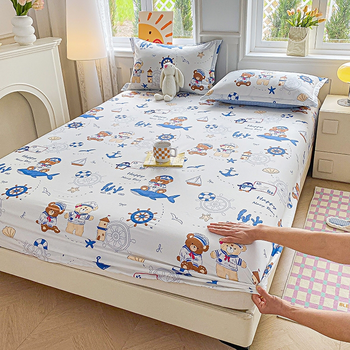 91家纺网 家纺一手货源 找家纺 禧安居 2025新款高支高密活性印染全棉印花床笠全棉床笠单床笠 航海小熊