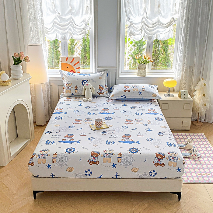 91家纺网 家纺一手货源 找家纺 禧安居 2025新款高支高密活性印染全棉印花床笠全棉床笠单床笠 航海小熊