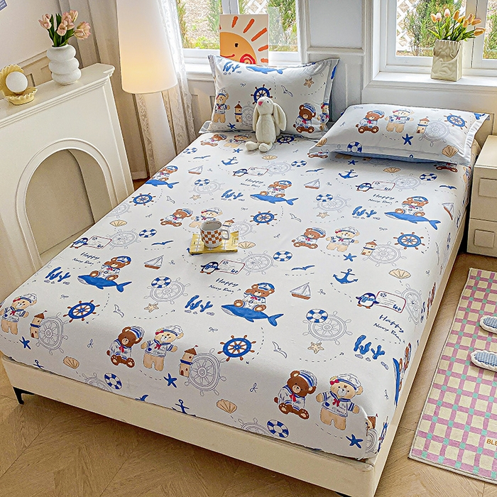 91家纺网 家纺一手货源 找家纺 禧安居 2025新款高支高密活性印染全棉印花床笠全棉床笠单床笠 航海小熊