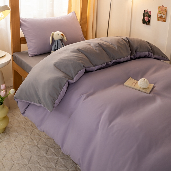 91家纺网 家纺一手货源 找家纺 芷凡家纺 2024新款水洗磨毛纯色双拼学生三件套四件套 烟紫+中灰