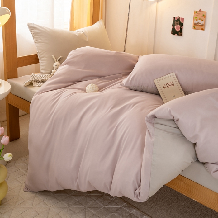 91家纺网 家纺一手货源 找家纺 芷凡家纺 2024新款水洗磨毛纯色双拼学生三件套四件套 玫瑰金+杏色