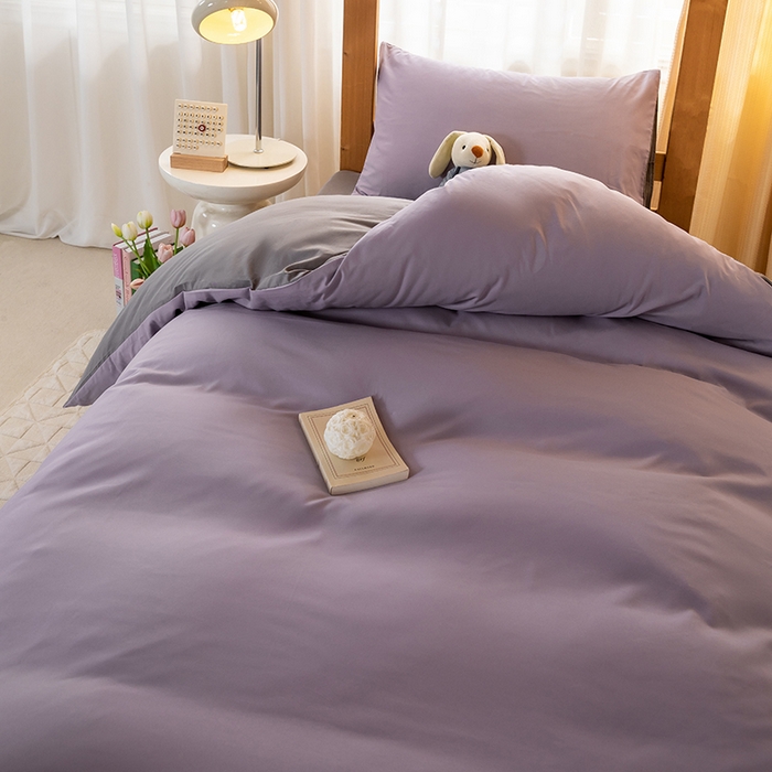 91家纺网 家纺一手货源 找家纺 芷凡家纺 2024新款水洗磨毛纯色双拼学生三件套四件套 烟紫+中灰