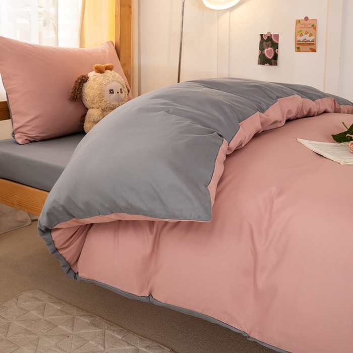 91家纺网 家纺一手货源 找家纺 芷凡家纺 2024新款水洗磨毛纯色双拼学生三件套四件套 红豆沙+中灰