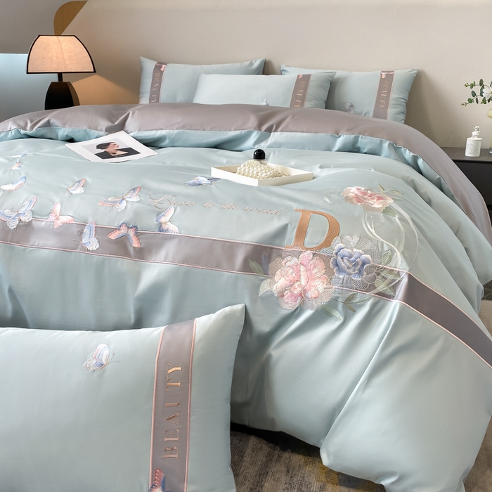 91家纺网 家纺一手货源 找家纺 桃园 2025新款纯棉全棉长绒棉刺绣绣花四件套-蝶恋花 （高端礼盒） 蝶恋花-飘蓝